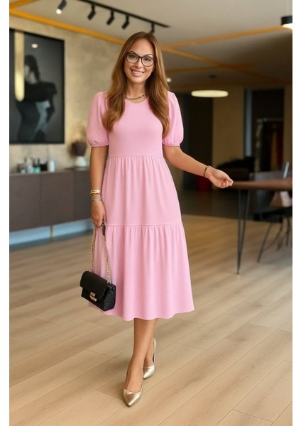 Kadın Kısa Kollu Yakası Açık Katlı Bürümcük Balon Elbise