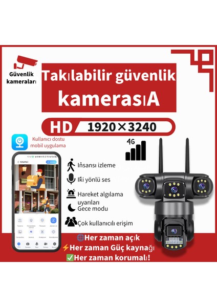 9MP İç & Dış Mekan Güvenlik Kamerası 360 Derece 4G Güvenlik Kamerası: Tam Renkli Gece Görüşü