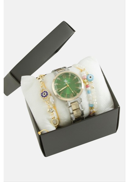 Metal Bayan Kol Saati ve Kutulu Bileklik Kombini