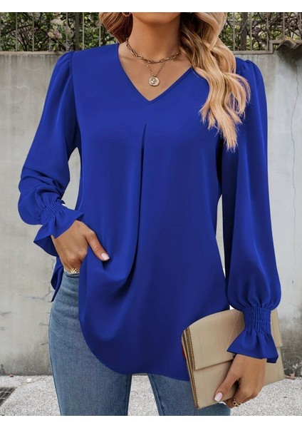 Kadın Uzun Kollu V Yakalı Salaş Ithal Krep Bluz