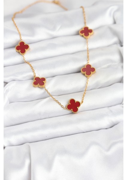 Erb 316L Çelik Gold Renk Zincir Bordo Yonca Kadın Kolye fiyatları