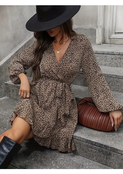 Kadın Uzun Kollu Kruvaze Yakalı Kuşaklı Desenli Kısa Modal Mini Elbise fırsatları