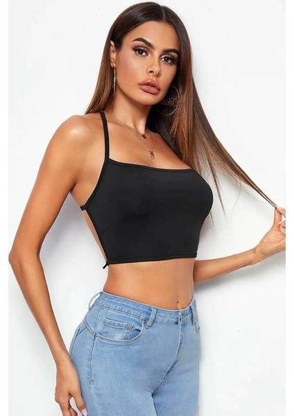 Tegan Kadın Sırtı Açık Siyah Belden Bağlamalı Crop Büstiyer TG275441