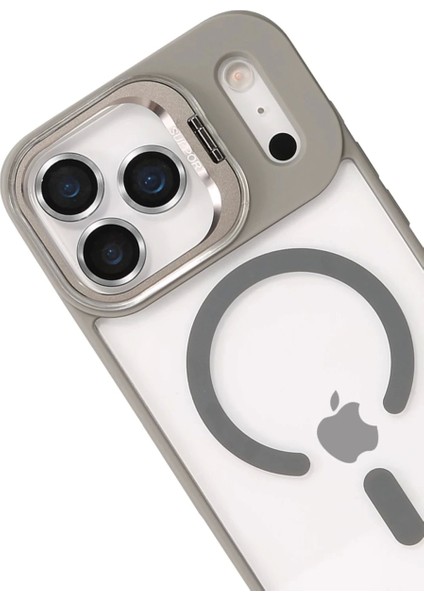 Apple iPhone 17 Pro Max Remim Lensli Magsafe Standlı Kapak - Titan Gri modelleri