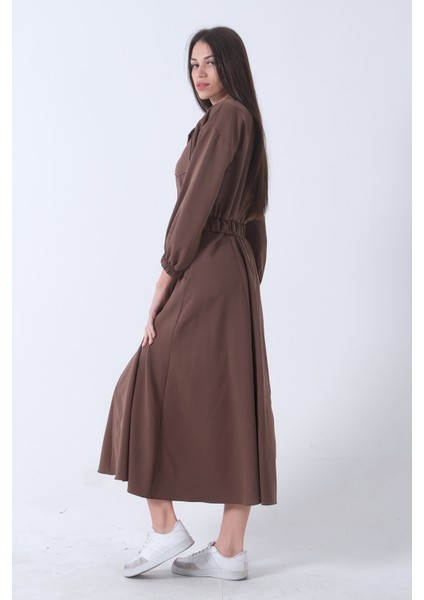 Kahve Beli Lastikli Cepli Ceket ve Etek Ikili Takım 4595053.05