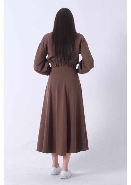 Kahve Beli Lastikli Cepli Ceket ve Etek Ikili Takım 4595053.05