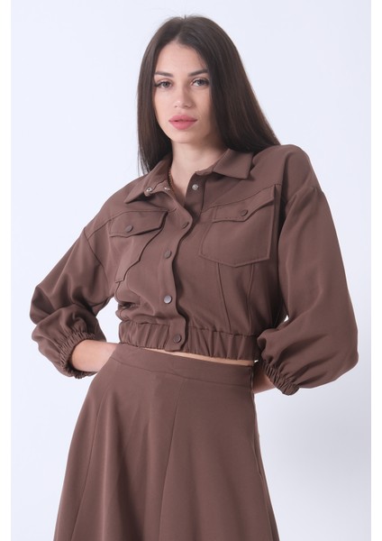 Kahve Beli Lastikli Cepli Ceket ve Etek Ikili Takım 4595053.05