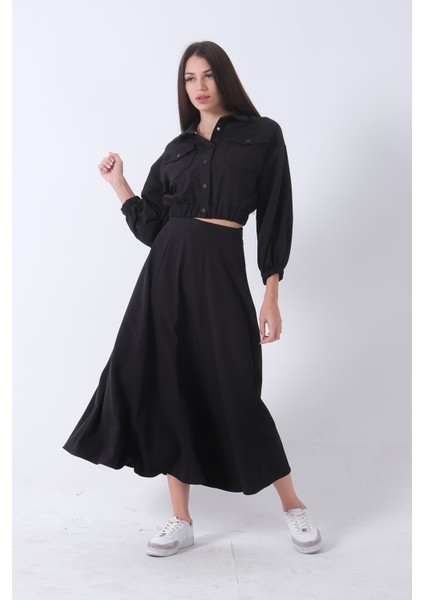 Siyah Beli Lastikli Cepli Ceket ve Etek Ikili Takım 4595053.01