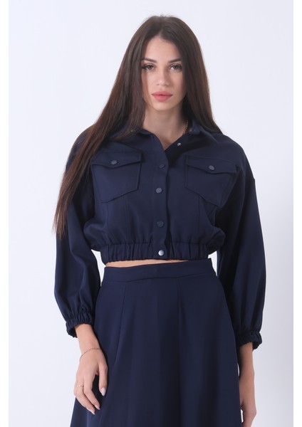 Lacivert Beli Lastikli Cepli Ceket ve Etek Ikili Takım 4595053.02