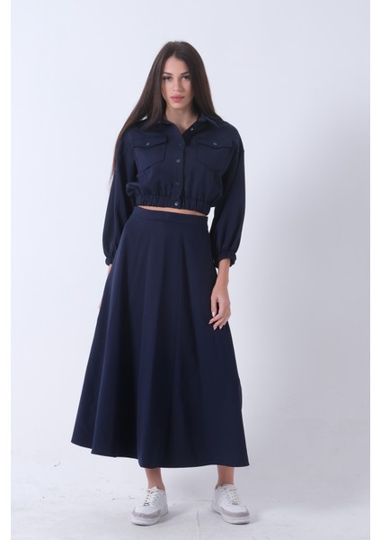 Lacivert Beli Lastikli Cepli Ceket ve Etek Ikili Takım 4595053.02