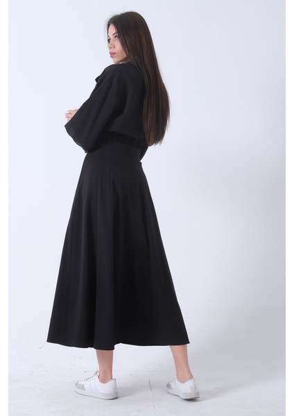 Siyah Beli Lastikli Cepli Ceket ve Etek Ikili Takım 4595053.01
