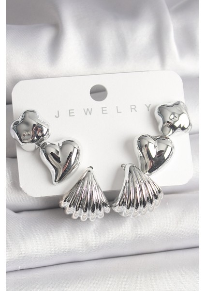 Tegan Gümüş Renk Yonca Kalp Deniz Kabuğu Figür Ccb Kadın Küpe Seti TG27BKP10021