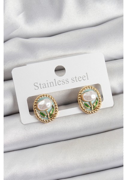 Tegan Pirinç Yeşil Mineli Lale Figürlü Sanatsal Portre Model Gold Renk Kadın Küpe TG27BKP10673