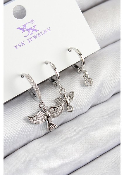 Tegan Pirinç Zirkon Taşlı 3'lü Kuş Model Gümüş Renk Kadın Küpe TG27BKP11132