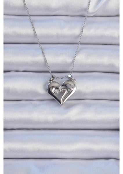 Tegan 316L Çelik Zincir Gümüş Renk Zirkon Taşlı Mıknatıslı Kalp Kolye TG27BKO9082