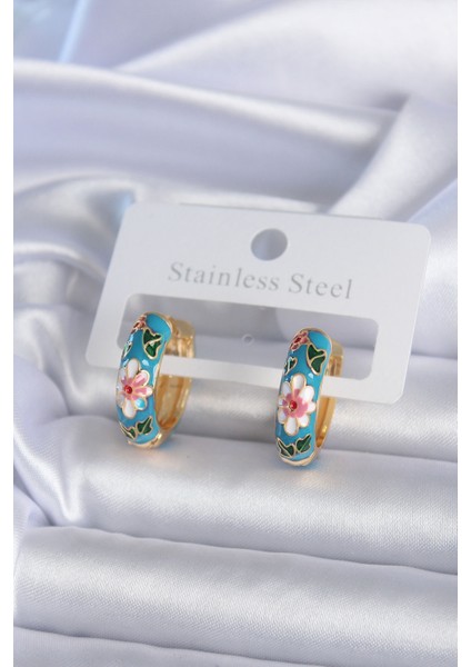 Tegan Pirinç Gold Renk Mavi Çiçek Işleme Detay Kadın Küpe TG27BKP7893