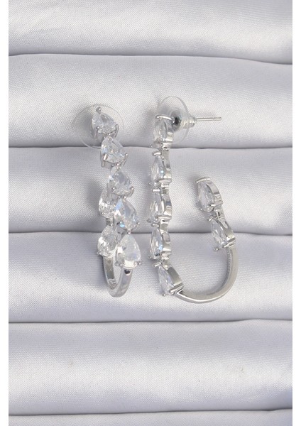 Tegan Pirinç Gümüş Renk Damla Zirkon Taş Tasarımlı Küpe TG27BKP9197