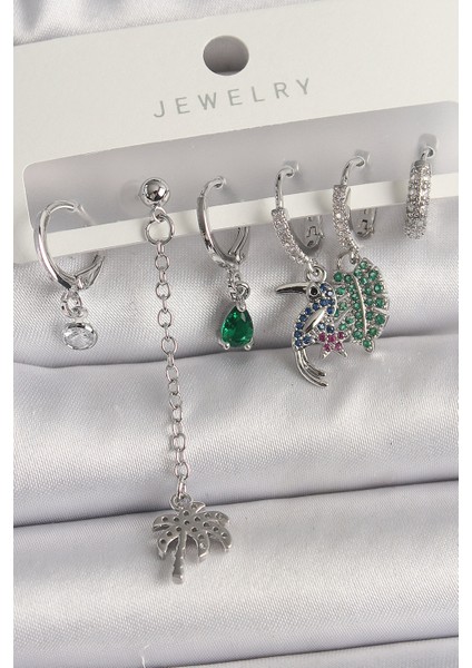 Tegan Pirinç Gümüş Renk Sallantı Zirkon Taşlı Ağaç Figür Çoklu Kadın Küpe Seti TG27BKP10119