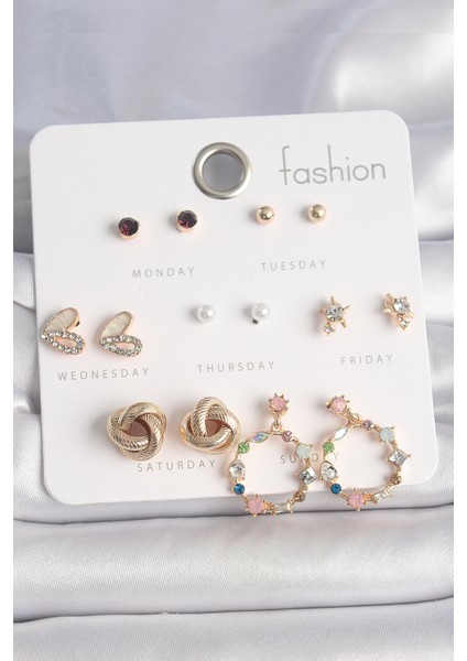 Tegan Pirinç Gold Renk Renkli Zirkon Taşlı Kalp Detay 7 Çift Kadın Küpe Seti TG27BKP10162