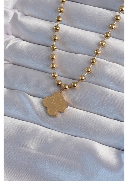 Tegan 316L Çelik Top Zincirli Gold Renk Işlemeli Yonca Model Kolye TG27BKO8988