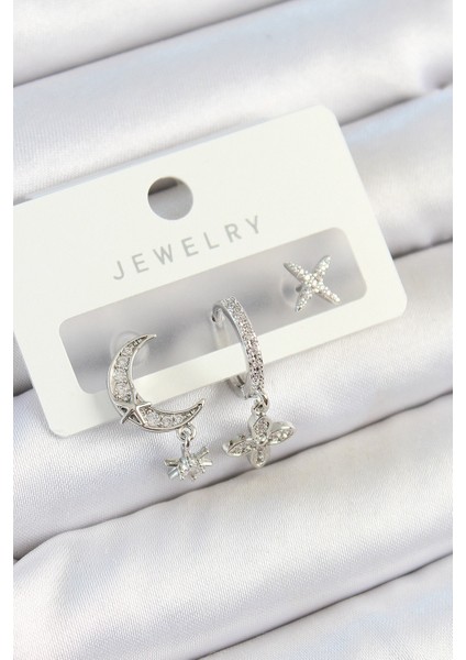 Tegan Pirinç Zirkon Taşlı Çiçek ve Ay Model Gümüş Renk 3'lü Çift Kadın Küpe Set TG27BKP10804