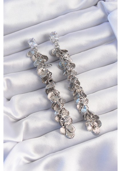 Tegan Pirinç Gümüş Renk Zirkon Taşlı Minimal Deniz Kabuklu Sallantılı Küpe TG27BKP9253