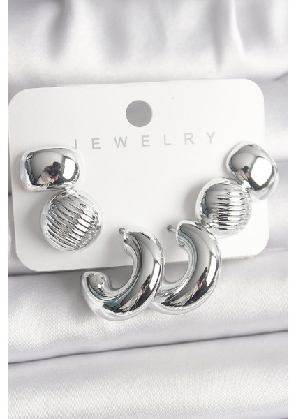 Tegan Gümüş Renk Işlemeli Daire Halka Model Ccb Platik Kadın Küpe Seti TG27BKP10025