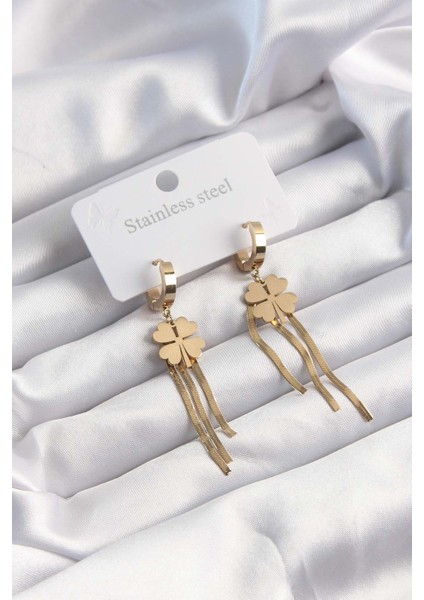 Tegan 316L Çelik Altın Renk Italyan Zincirli Yonca Model Halka Küpe TG27BKP9494