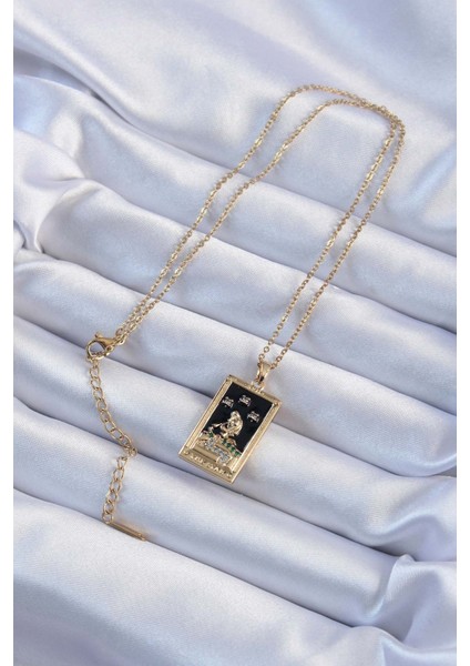 Tegan 316L Çelik Zincir Altın Renk Zirkon Taşlı Siyah Mineli Kız Figürlü Tarot Kolye TG27BKO9227 fiyatları