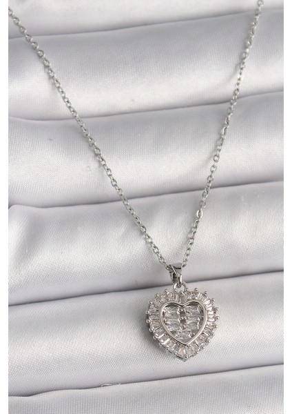 Tegan 316L Çelik Gümüş Renk Zincir Zirkon Taşlı Kalp Model Kadın Kolye TG27BKO9787