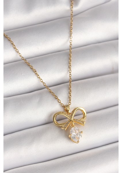 Tegan 316L Çelik Gold Renk Zincir Zirkon Taşlı Kurdele Model Kadın Kolye TG27BKO9960