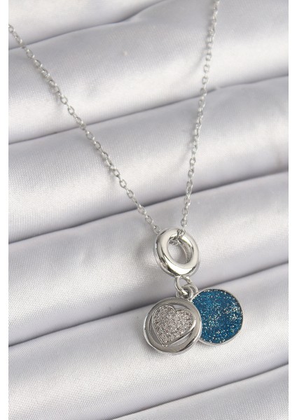 Tegan 316L Çelik Gümüş Renk Zincir Zirkon Taşlı Işleme Mavi Simli Kadın Kolye TG27BKO9641