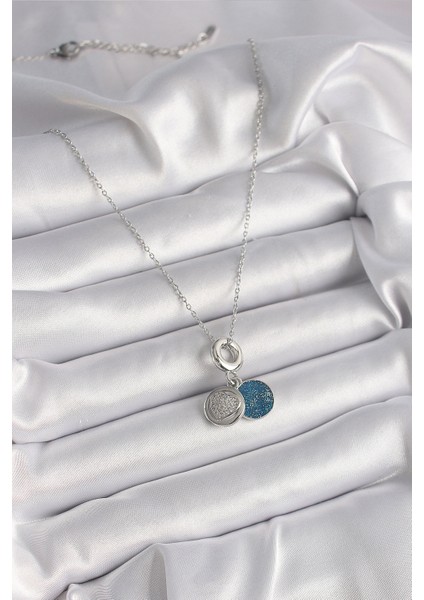 Tegan 316L Çelik Gümüş Renk Zincir Zirkon Taşlı Işleme Mavi Simli Kadın Kolye TG27BKO9641 fiyatları
