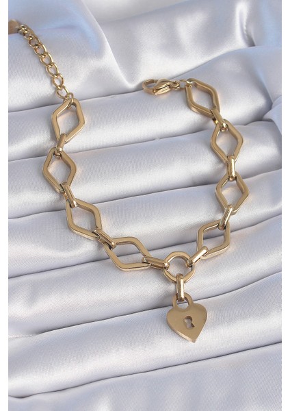 Tegan 316L Çelik Gold Renk Zincir Model Kilit Kalp Figür Kadın Bileklik TG27BB6434