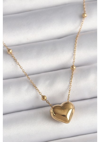 Tegan 316L Çelik Gold Renk Topçuk Detaylı Zincir Kalp Model Kadın Kolye TG27BKO9772