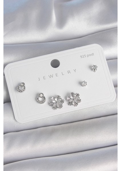 Tegan Pirinç Gümüş Renk Zirkon Taşlı Kar Tanesi Model 925 Ayar Gümüş Çivi Kadın Küpe Seti TG27BKP10483