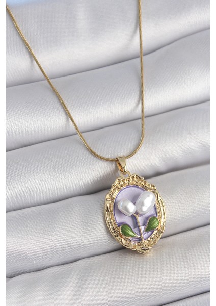 Tegan 316L Çelik Gold Renk Mor Incili Çiçek Işlemeli Portre Model Kadın Kolye TG27BKO10146