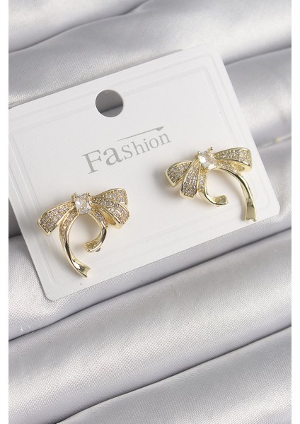 Tegan Pirinç Gold Renk Zirkon Taşlı Fiyonk Model Kadın Küpe TG27BKP9780