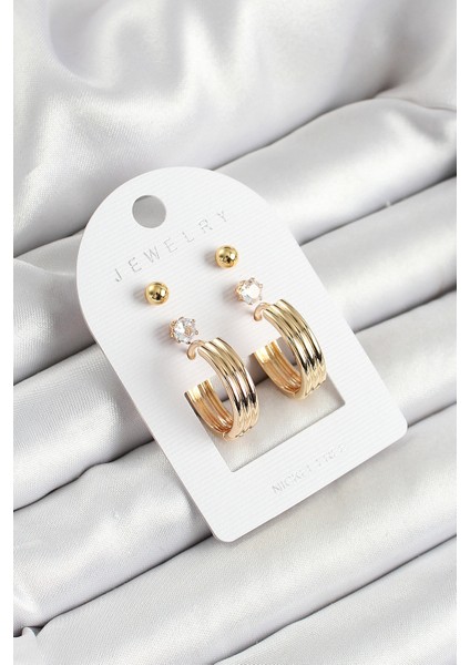 Tegan Pirinç Zirkon Taş ve Halka Figürlü Gold Renk 3'lü Çift Kadın Küpe Set TG27BKP10652