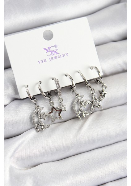 Tegan Pirinç Zirkon Taşlı Ay ve Yıldız Model Gümüş Renk 3'lü Çift Kadın Küpe TG27BKP10952