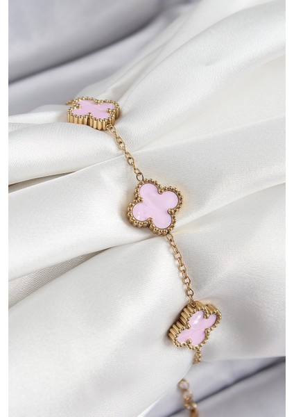 Tegan 316L Çelik Pembe Sedef Yonca Model Gold Renk Kadın Bileklik TG27BB7365