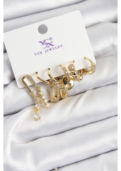 Tegan Pirinç Zirkon Taşlı Dikdörtgen Model Gümüş Renk 3'lü Çift Kadın Küpe TG27BKP10954