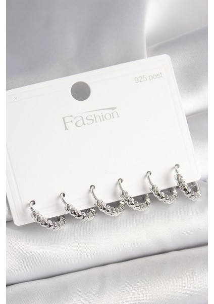 Tegan 925 Ayar Gümüş Çivi Pirinç Gümüş Renk Kalp Işlemeli Halka Model Kadın Küpe Seti TG27BKP10412