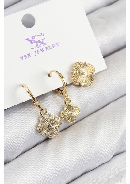 Tegan Pirinç Zirkon Taşlı 3'lü Yonca Model Gold Renk Kadın Küpe TG27BKP11135