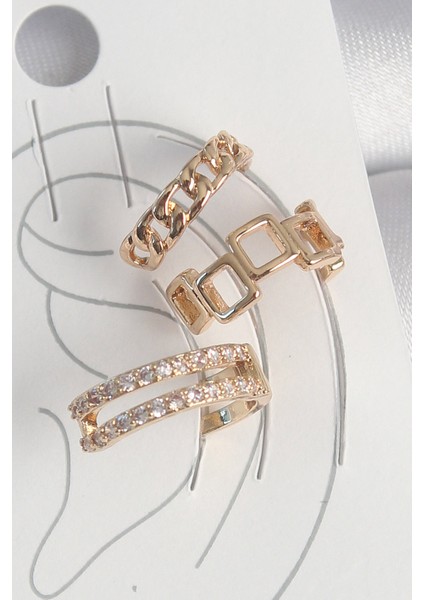 Tegan Pirinç Gold Renk Zirkon Taşlı Kare Zincir Model Kadın Kıkırdak Küpe TG27BKP10588