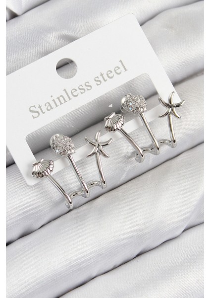 Tegan Pirinç Zirkon Taşlı Deniz Yıldızı ve Istiridye Model Gümüş Renk Kadın Küpe TG27BKP11104