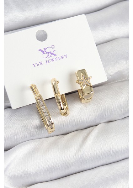 Tegan Pirinç Zirkon Taşlı Yıldız Model Gold Renk 3'lü Kadın Küpe TG27BKP10943