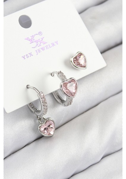 Tegan Pirinç Zirkon Taşlı 3'lü Pembe Kalp Model Gümüş Renk Kadın Küpe TG27BKP11128
