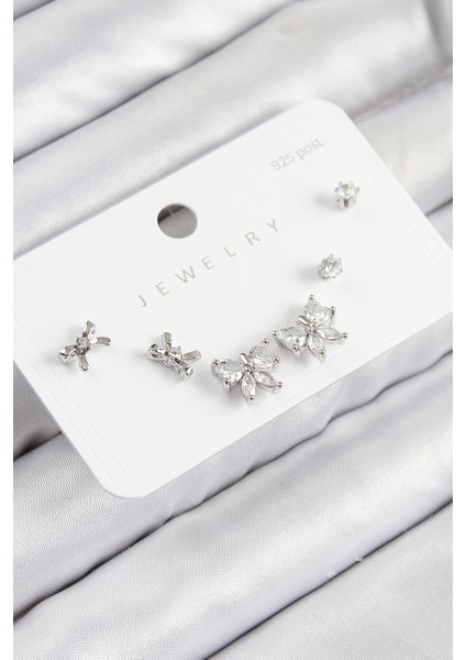 Tegan Pirinç Zirkon Taşlı Fiyonk Model Gümüş Renk 925 Ayar Gümüş Çivi Kadın Küpe Set TG27BKP11173