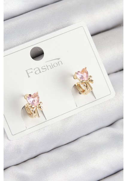 Tegan Pirinç Zirkon Taşlı Fiyonklu Kalp Model Gold Renk Çocuk Küpe TG27BKP11195